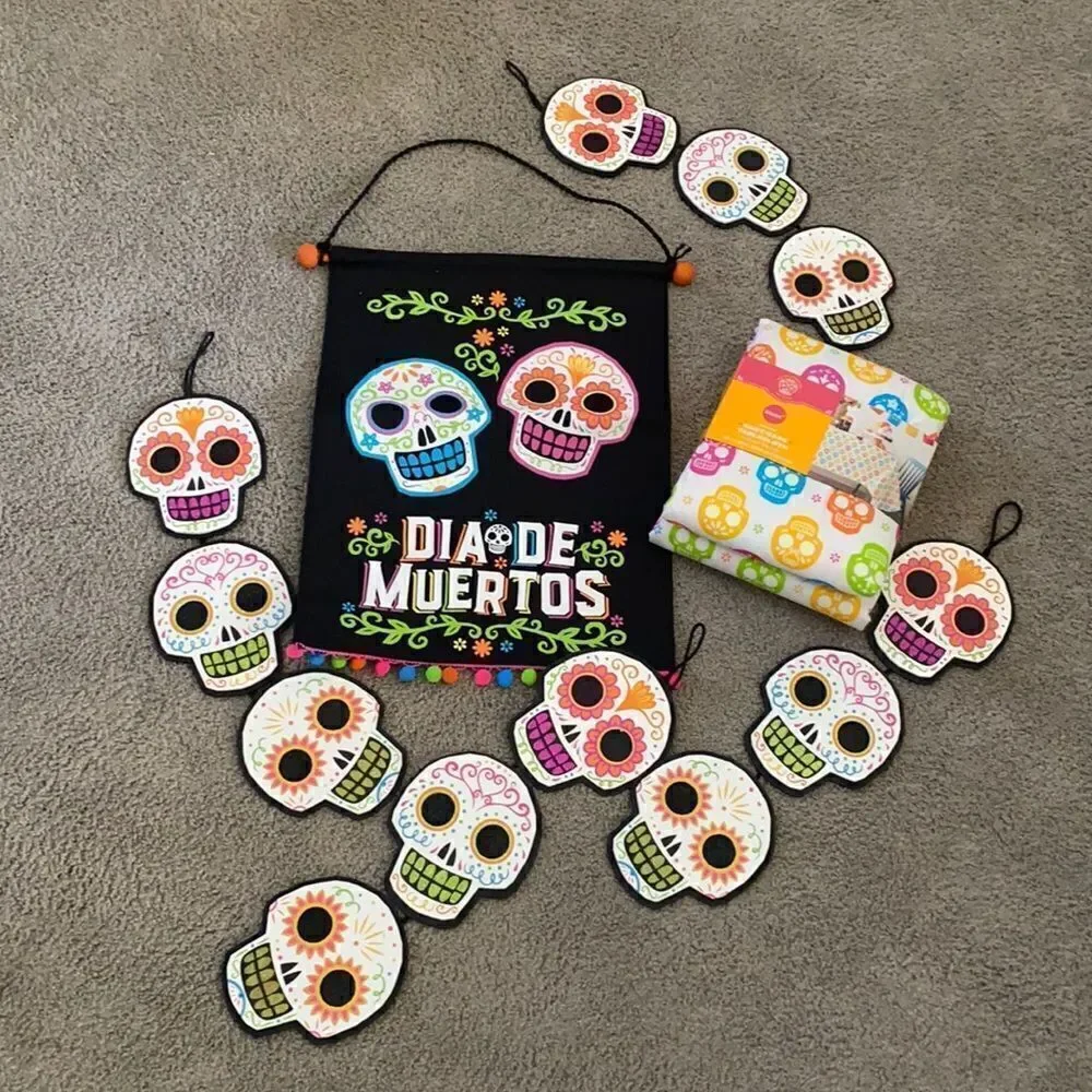 Halloween Decor Bundle - Sugar Skull Wall Hangers & Matching Table Cloth all NEW